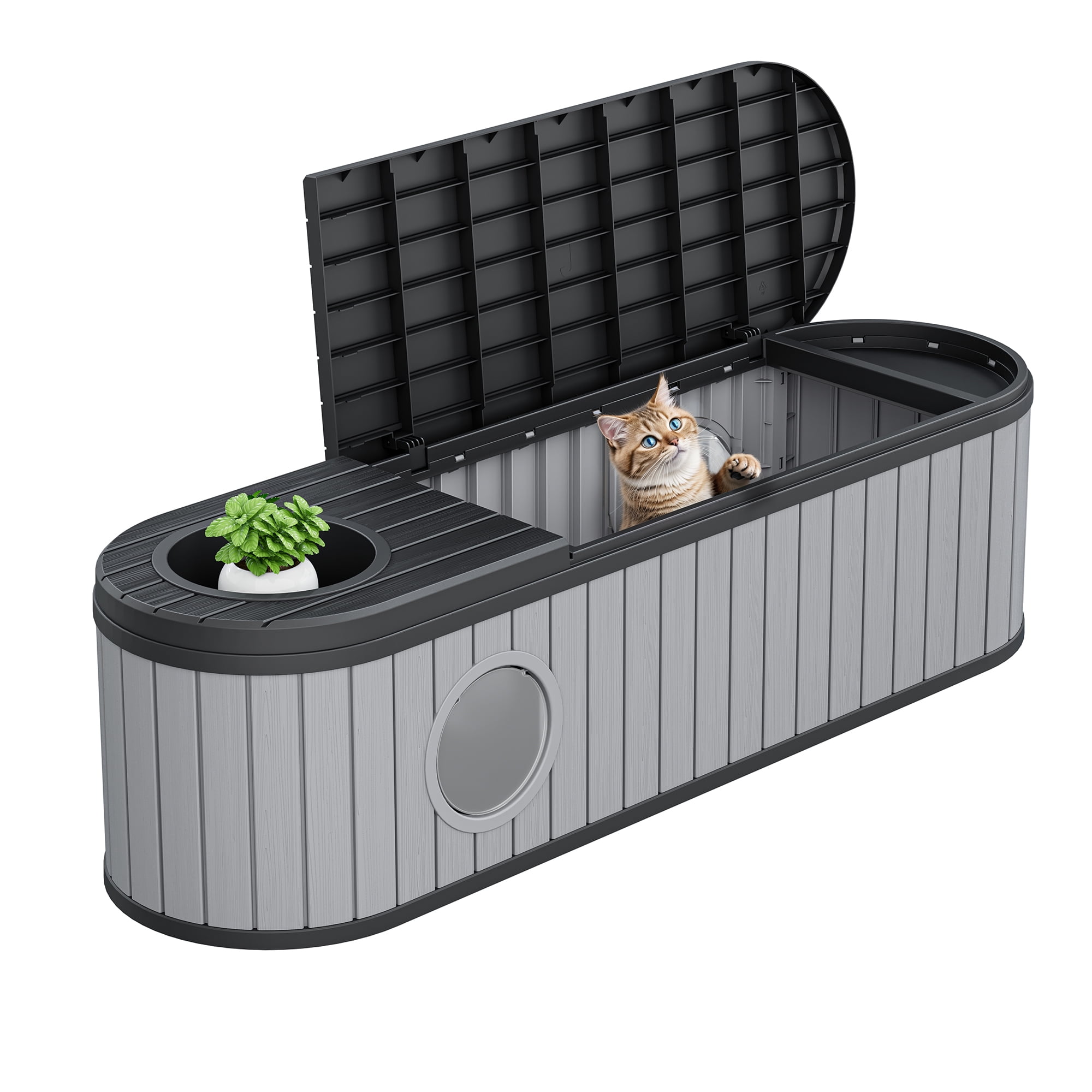 LHBcraft Cat Litter Box Enclosure,HDPE Cat Cabinet with Round Lift-Up Door,Hidden Cat Litter Box Furniture for Bedroom and Living Room,Gray