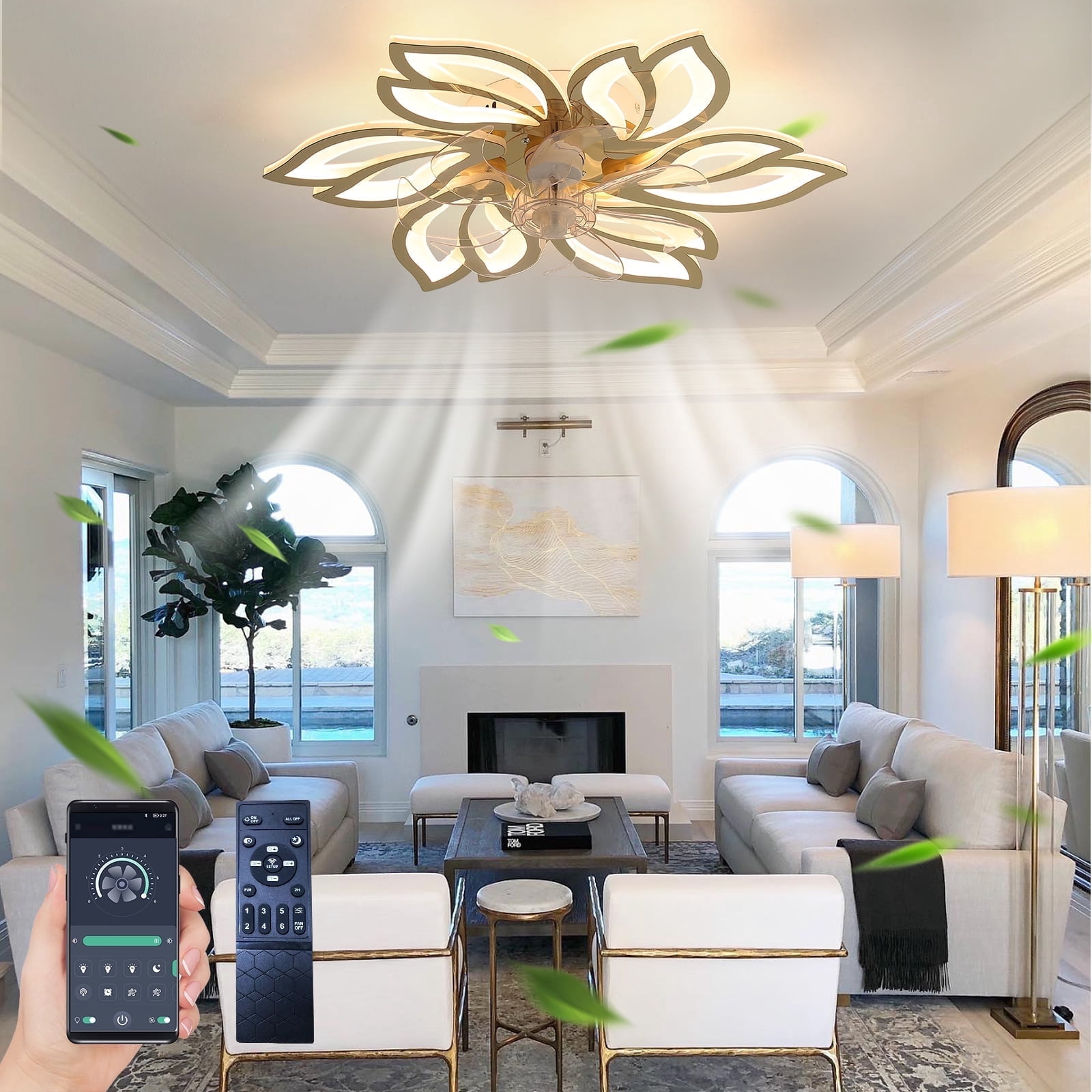 Eowynic 25.5 Inch Flower Shape Modern Flush Mount Bladeless Ceiling Fans with Led Lights Chandelier APP & Remote Control, DC Motor, 6 Speed, Gold