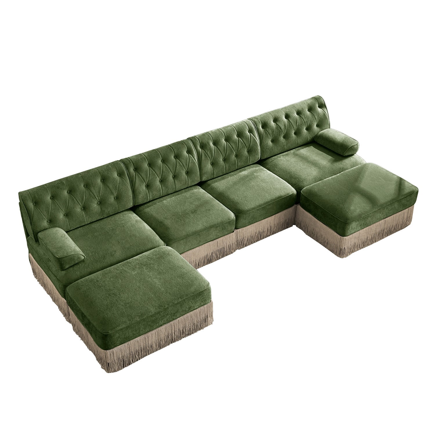 Hommoo 4-Seater Chesterfield Style Velvet Fabric U-Shaped Sectional Sofa with 2 Ottomans, Tufted Button Upholstered Design and Floor-grazing Tassel, Free Combination Sofa Couch Set, for Home, Green