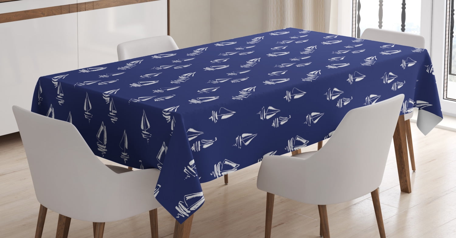 Navy Blue Tablecloth, Hand Drawn Style Sailing Yacht Silhouettes Ocean ...