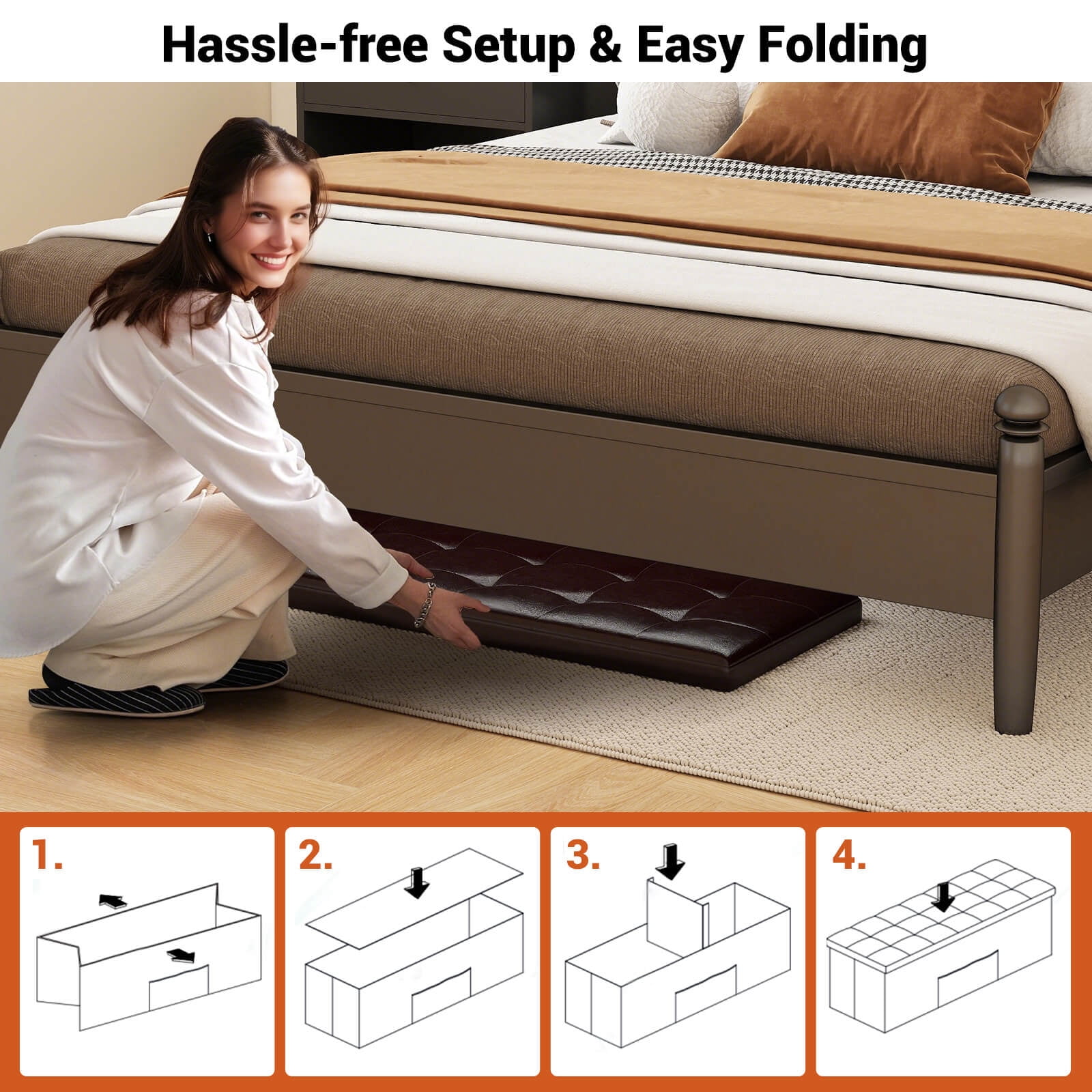 Costway 43''x15''x15'' Large Folding Storage Faux Leather Ottoman Pouffe Box Stool Brown