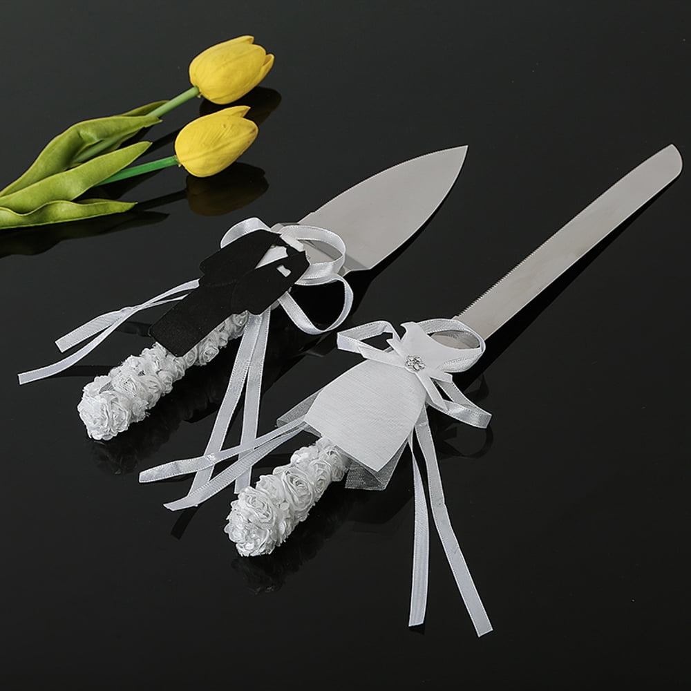 His And Hers Wedding Cake knife and server set White Silk & Swarovski