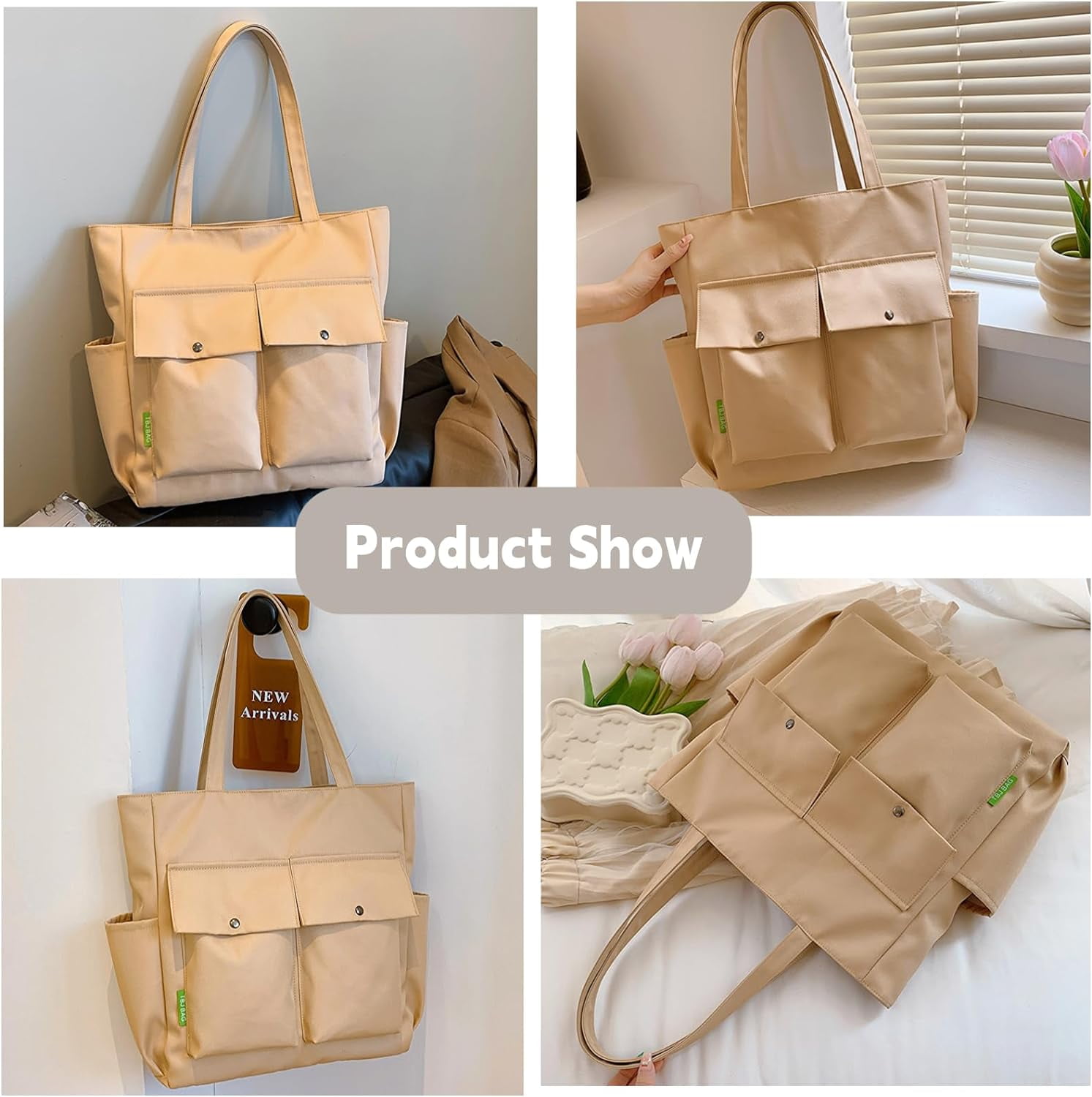 Women Multi Pockets Zipper Waterproof Lightweight Tote Bag Casual Large Shoulder Handbags Cute Canvas College Totes