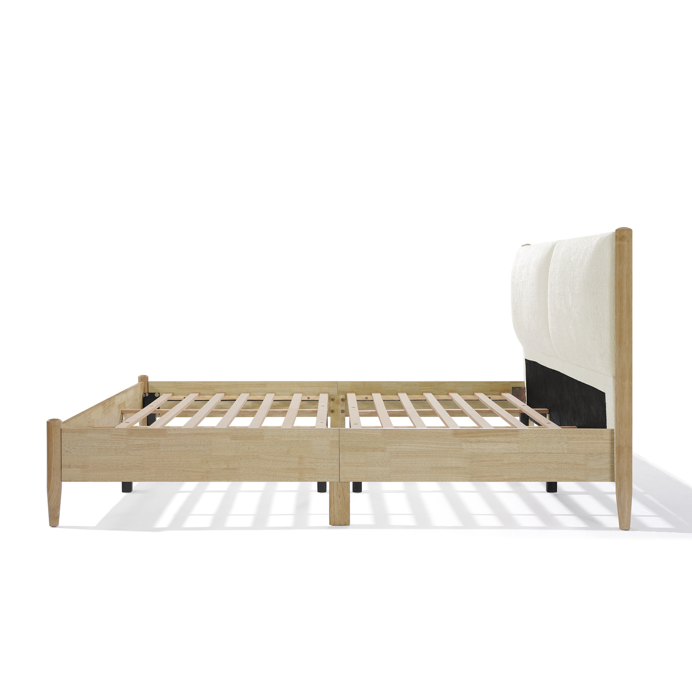 Christopher Knight Home Wood King Bed Frame with White Upholstered Headboard, No Box Spring, Natural