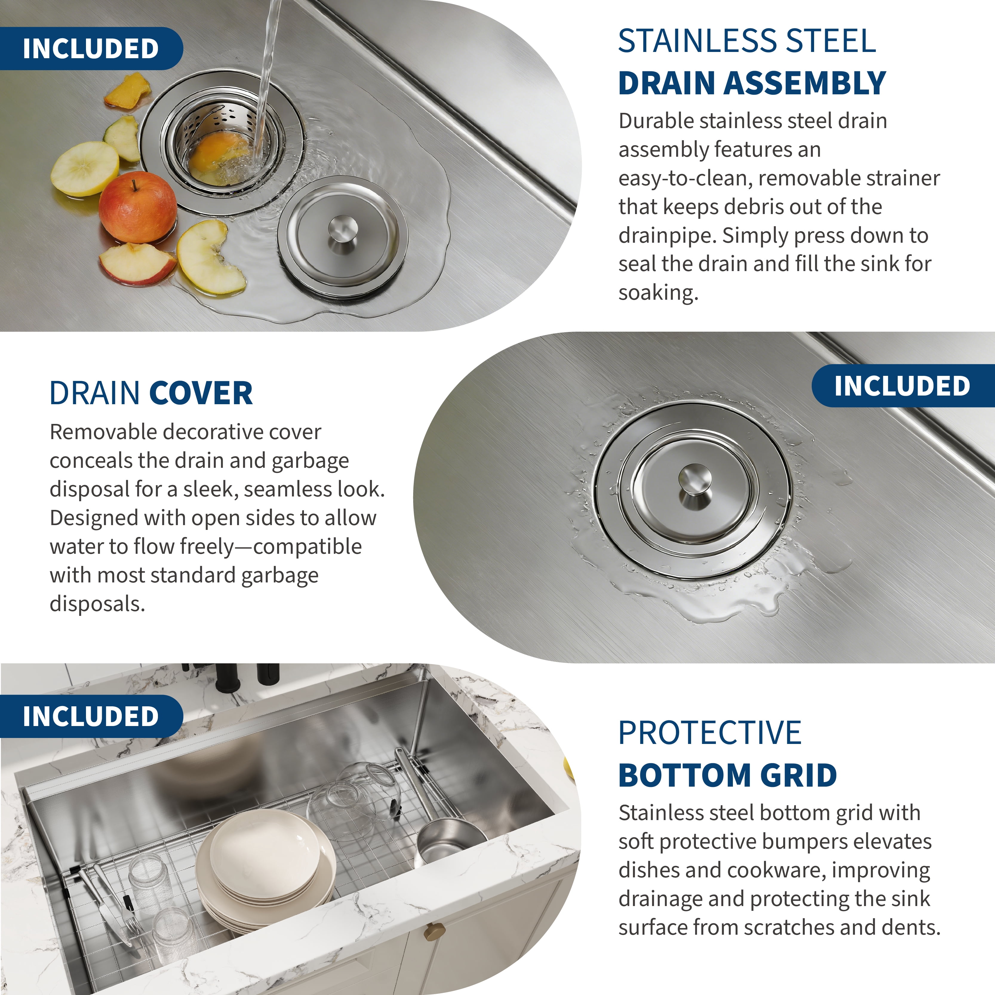 36x19 Inch Undermount Kitchen Sink, Single Bowl with Drainboard Design, 16 Gauge 304 Stainless Steel Construction, 10 Inch Deep, Includes Bottom Grid and Drain Assembly