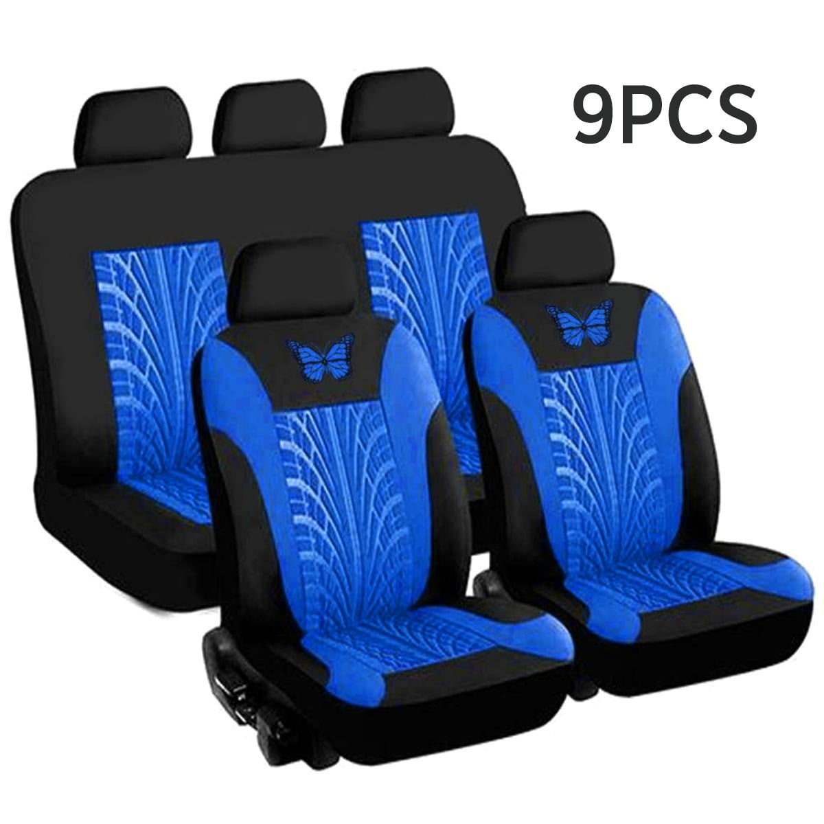 9PCS Universal Car Seat Covers Full Set Protector Cushion Front Rear 3D Butterfly Embroidery Pattern, Blue