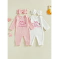 thumbnail image 3 of Gzhioc Newborn Baby Girl Fall Romper Bow Letter Embroidered Waffle Knit Long Sleeve Jumpsuit with Matching Headband 2 Piece Set, 3 of 9
