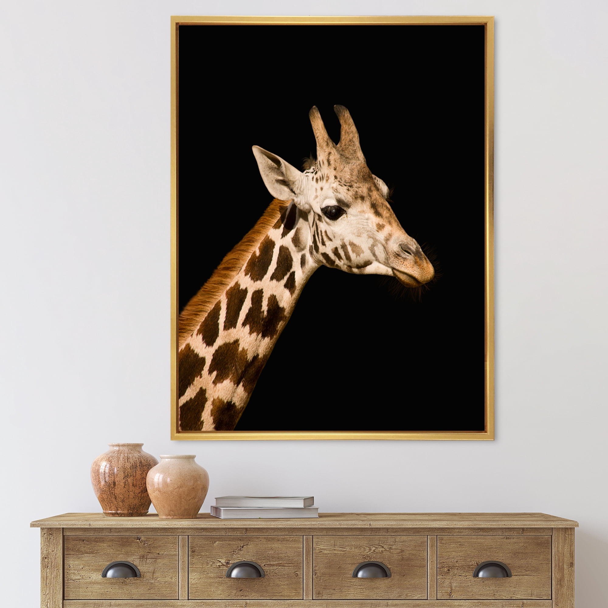 Designart 'Close Up Portrait Of A Giraffe On Black IV' Farmhouse Framed Canvas Wall Art Print