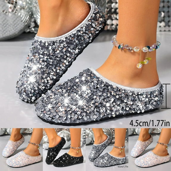 Miluxas Women's Closed Round Toe Flat Slip-ons Mulle Sandals Glitter Sequin Buckle Mary Jane Clogs Casual Backless Shoes Silver 9(43)