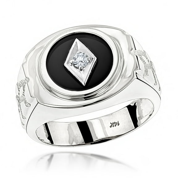 14K Black Real Onyx And Natural 0.1 Ctw Diamond Mens Dainty Ring 14K (White Gold Size 11)