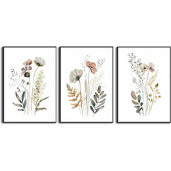 Hieng Navy Blue Wall Art Canvas Abstract Floral Painting Blue and Gray Posters Watercolor Flower Decor Wildflower Pictures Botanical Prints for Living Room Bedroom Bathroom 3 Pcs 16x24in Framed
