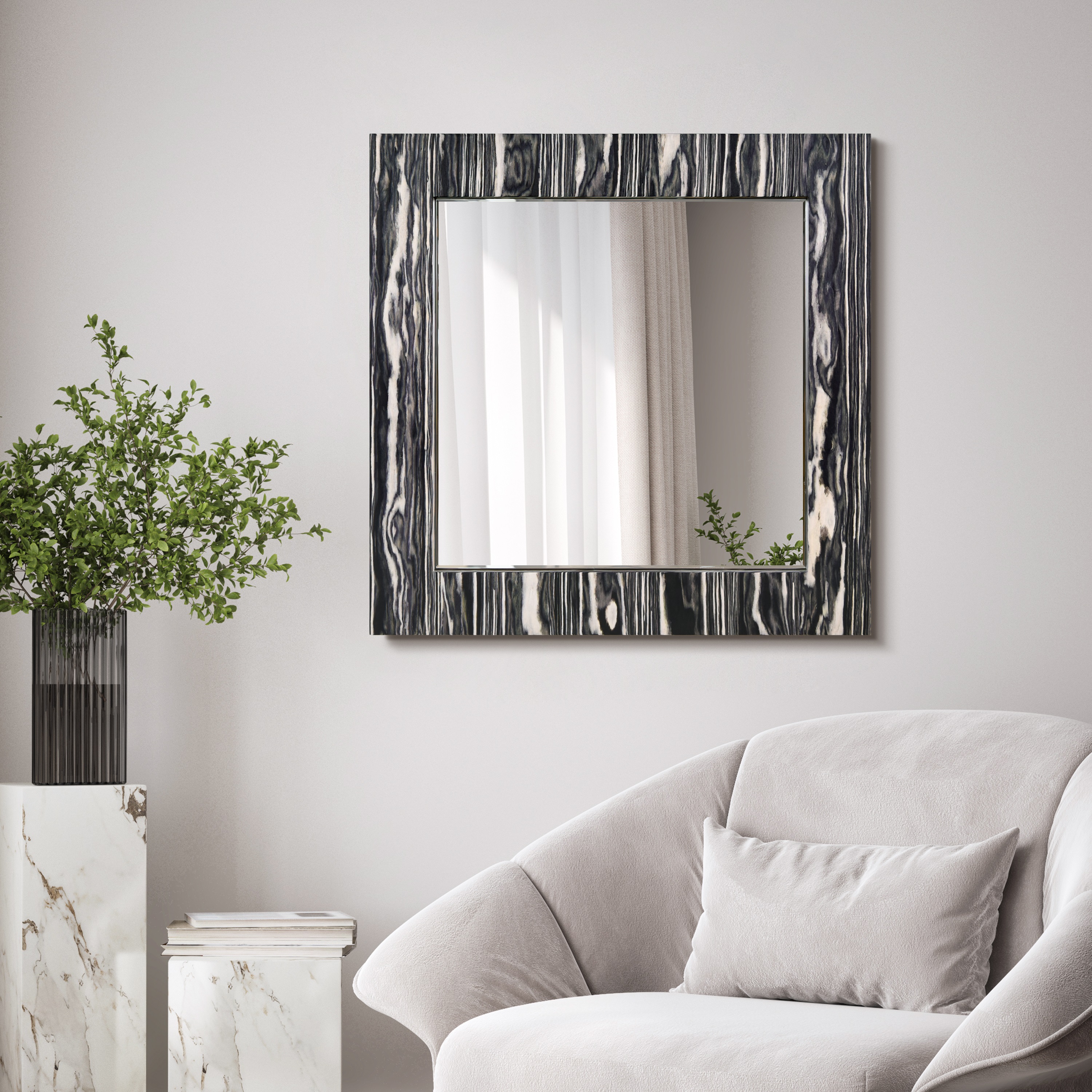 "Zebra Elegance Wall Mirror", 32"x32" Square Mirror Featuring a 24"x24" Beveled Center on a 4" Exotica Stained Veneer Frame