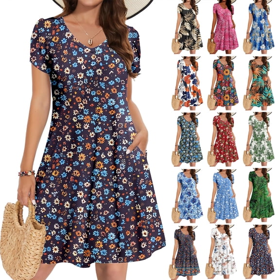 NSLGXD Daisy Dress for Women V Neck Casual Summer Sundress Vacation Beach Short Sleeve A Line Mini Dresses Flowy Short Dress with Pockets Multicolor Dress,Size S-2XL