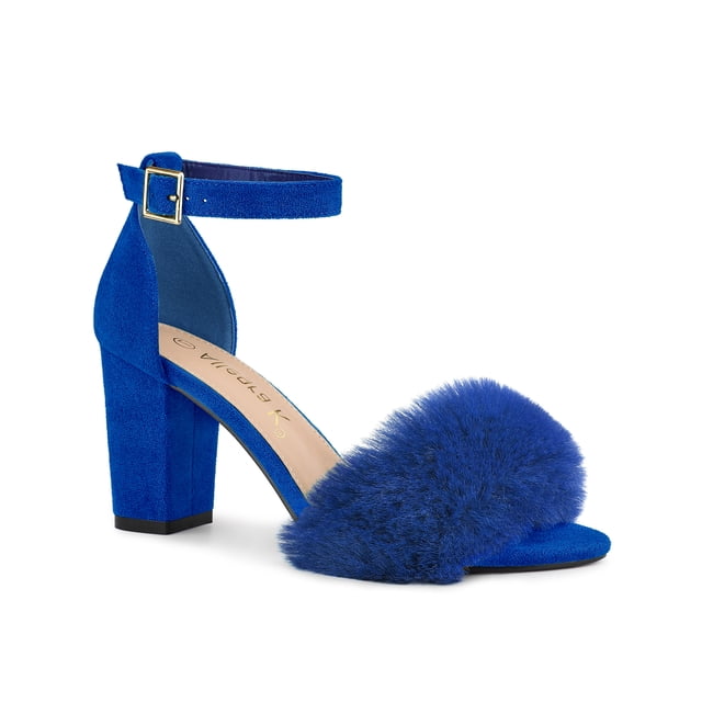 BLISSFUL STEP Women's Ankle Strap Faux Fur Block Heels Sandals Deep Blue (Size 9)