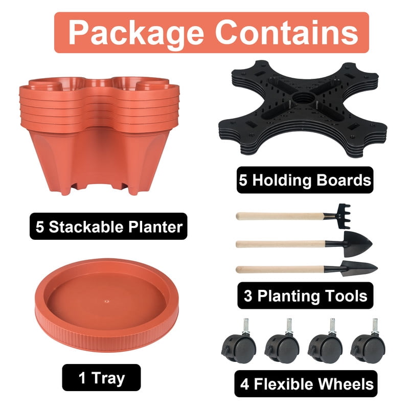 iHomeGarden Vertical Planter 5-Tier Stackable System - Indoor/Outdoor Garden Kit for Strawberries, Herbs, Vegetables (Beginner-Friendly Design), Red