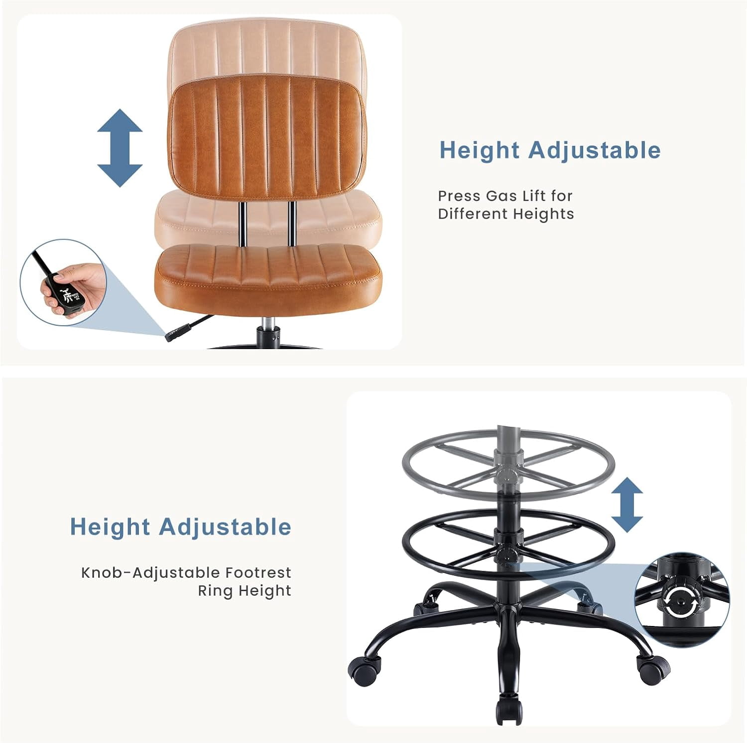 Drafting Chair with Adjustable Foot Ring, Tall Swivel Task Chair for Standing Desk, Armless Rolling Office Stool for Studio & Salon, Cream White