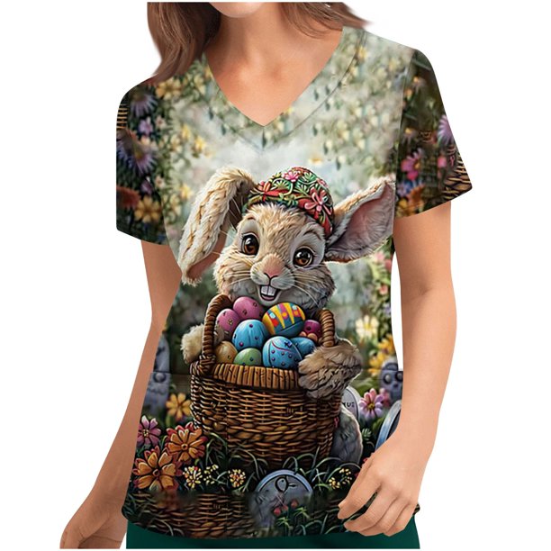 Pullover Impreso de Pascua de las Mujeres, Nuevo Cuello en V de Manga Corta Casual Top para Uso Diario Y de Fiesta, Camiseta de Cuidado de la Moda Elástica