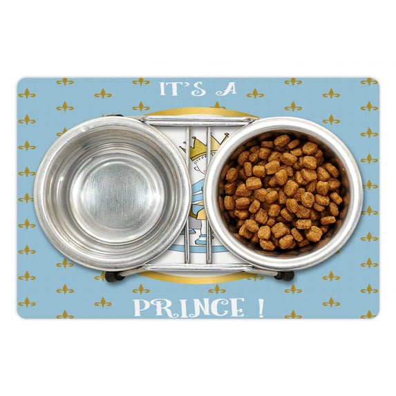 Gender Reveal Pet Mat for Food and Water, It's a Prince Words with a Newborn Boy Riding a Horse Fleur de Lis Motifs, Non-Slip Rubber Mat for Dogs and Cats, 18" X 12", by Ambesonne