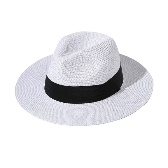 bestolf Panama Hat Women Men Wide Brim Straw Beach Hat Ribbon Decor Elastic Fit Summer Sun Hat Vacation Accessory (White )