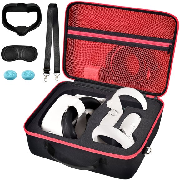 Carrying Case for Meta/for Oculus Quest 2 All-in-One VR Gaming Headset and Touch Controllers, Trave Storage Bag with Silicone Face Cover & Lens Protector - Red Zipper