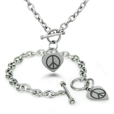 - Stainless Steel Peace Heart Charm Bracelet, Necklace, or Set