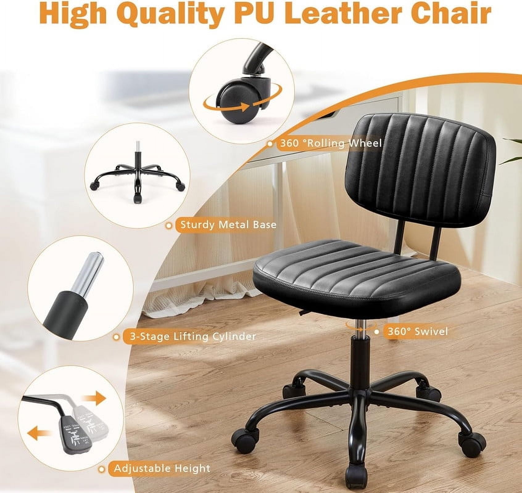 Armless Office Desk Chair with Wheels, Adjustable Height 360° Rolling Swivel Lumbar Support Low-Back Computer Chair, PU Leather, Black