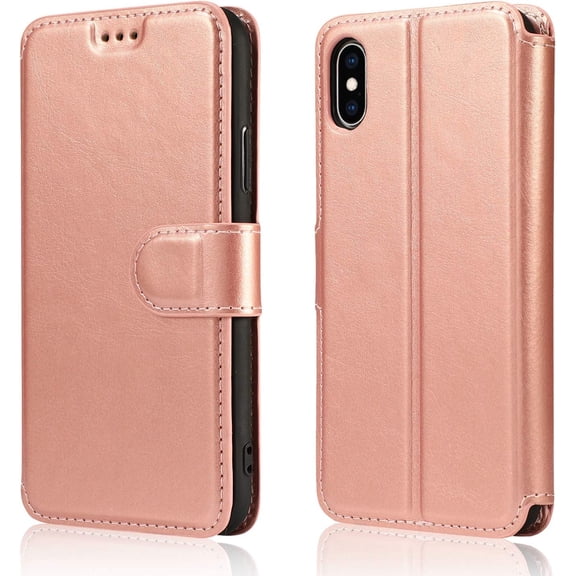 QLTYPRI Case for iPhone XR, Premium PU Leather Simple Wallet Case Card Slots Kickstand Magnetic Closure Shockproof Flip Cover for iPhone XR - Rose Gold