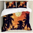 thumbnail image 1 of Night Ocean Duvet Cover Set Queen Size, Tropical Climate Palm Trees Full Moon Birds, Decorative 3 Piece Bedding Set with 2 Pillow Shams, Burnt Sienna Pale Orange Cream and Dark Purple, by Ambesonne, 1 of 3