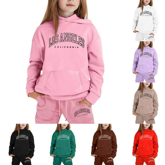 Gelikeya Cute Hoodies for Girls Fashion Letter Print Long Sleeve Hooded Sweatshirt Sweatpants 2 Piece Outfits (Black, 8-9 Years)