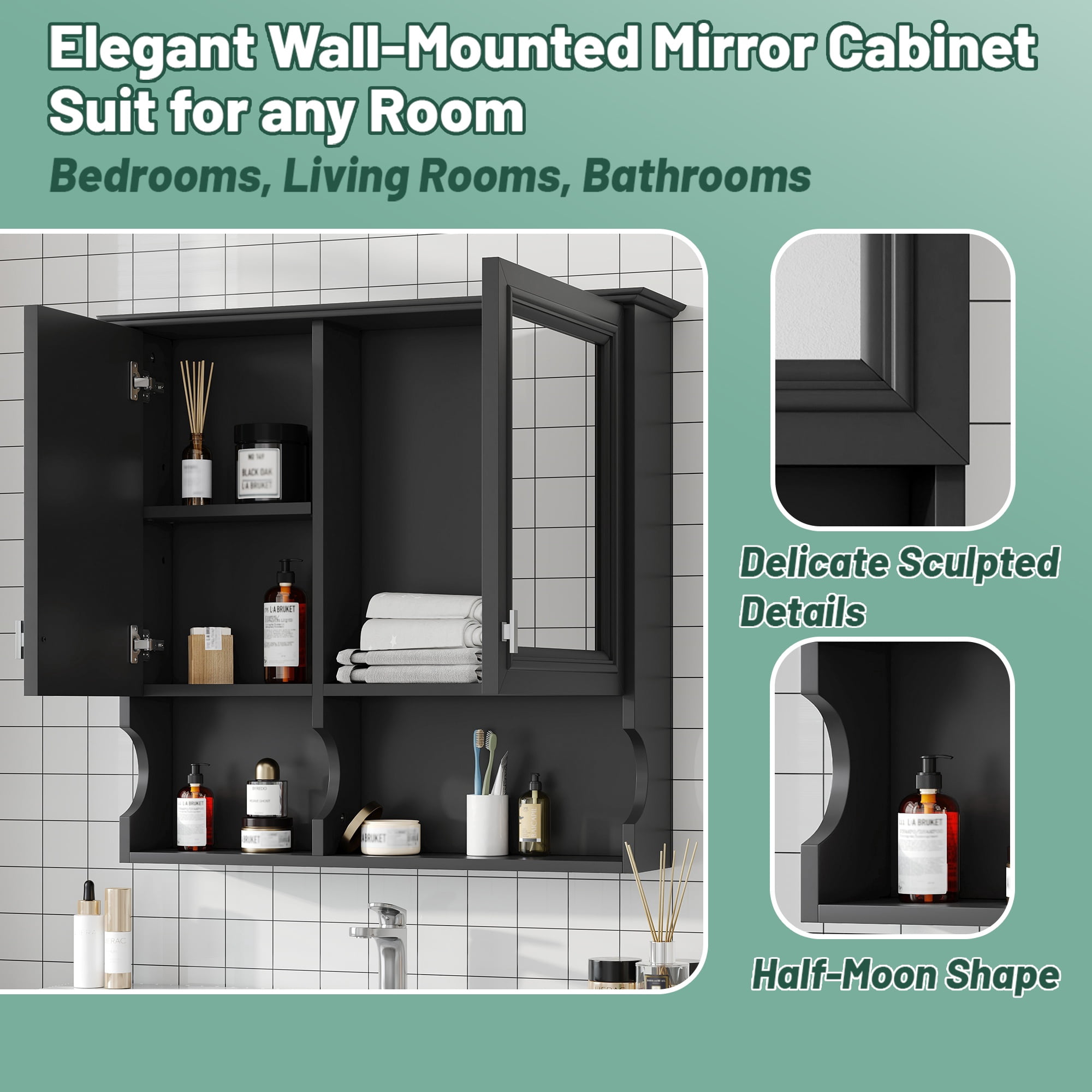 30 Inch Mirror Medicine Cabinet with Open Shelves, Wall Mounted Home Storage with Doors & Mirror, Adjustable Shelf, Bathroom Storage Cabinet over Toilet