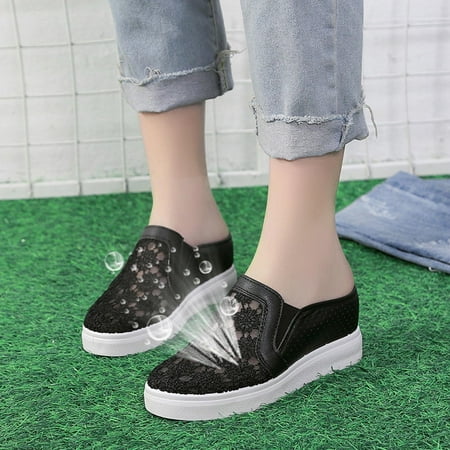

uikmnh Women Shoes Casual Women s Non Slip Flowers Mesh Solid Color Slip On Thick Sole Breathable Work Single Shoes Slippers Black 7.5