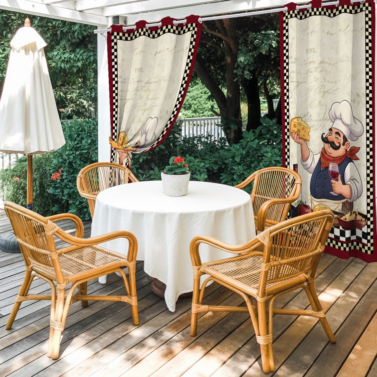 Retro Cartoon Chef Outdoor Curtains for Patio, Vintage Wine Cheese Farmhouse Traditional Black Plaid Sunshade Privacy Drapes Grommet Waterproof Outside Curtains for Porch Balcony 54"x108", 2 Panel