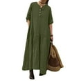 thumbnail image 4 of Wycnly Summer Dresses for Women Casual Solid Button Down Loose Cotton Linen Pleated Swing Pocket Long Dresses 2025 Elbow-Length V-Neck Plain Maxi Formal Dress Army Green XL, 4 of 7