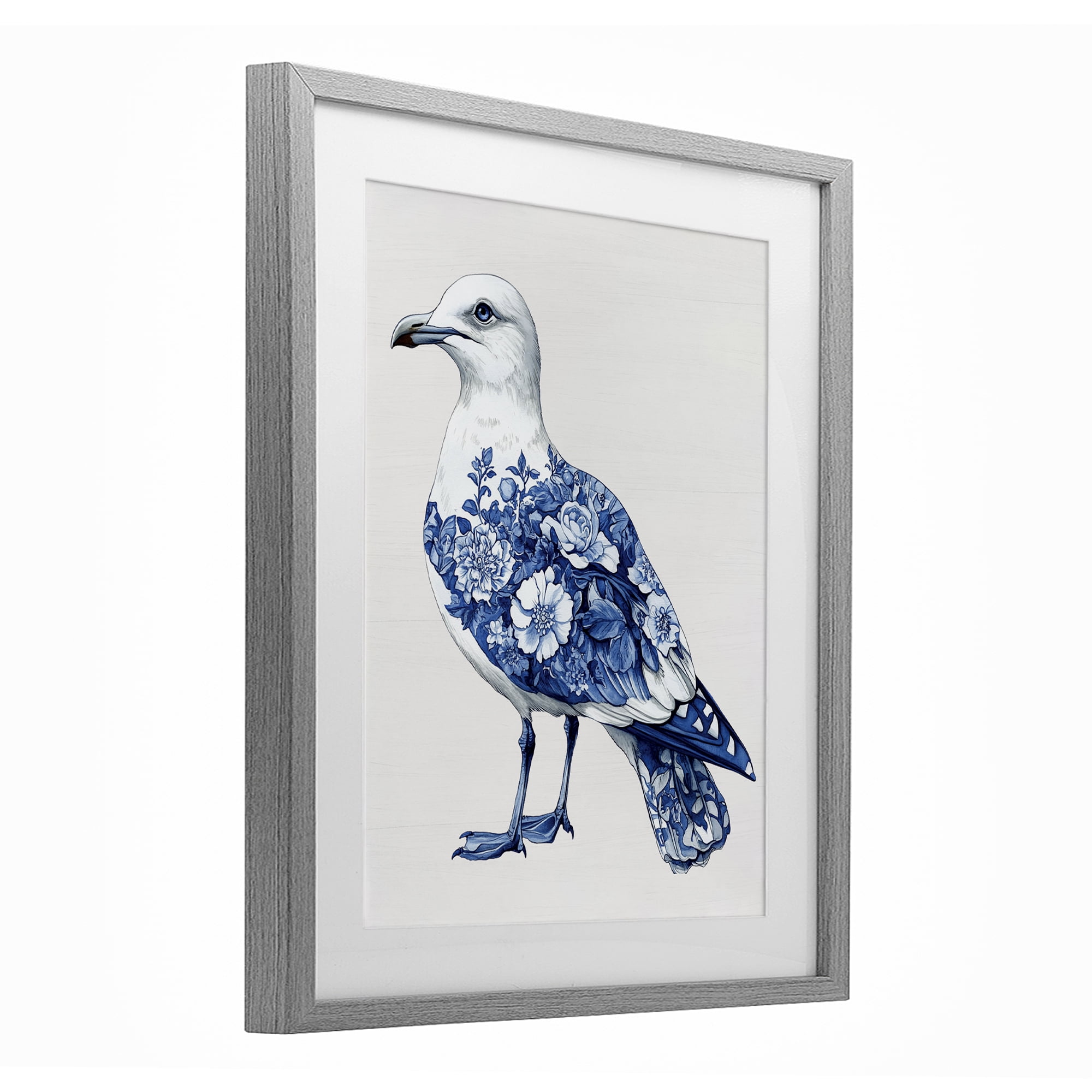 Funky Toile Seagull Gray Framed Print Under Glass, design by Lettered and Lined