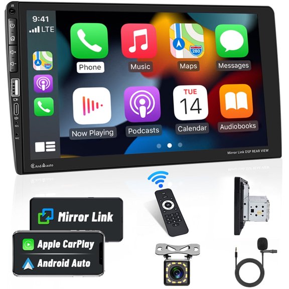 Rimoody Single 1 DIN 9'' Car Stereo Radio Type C Apple Carplay Android Auto Mirror Link HD Touch Screen Car MP5 Multimedia Player Bluetooth FM USB&Microphone(With Backup Camera)