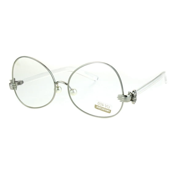 Pearl Nose Pad Clown Hand Hinge Drop Temple Swan Eye Glasses Silver