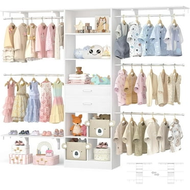 Homieasy Closet System - 4.75-8FT Closet Organizer System with Wooden Drawers & Cube Storage Organizer, 96" Closet Systems with Cuttable Hanging Shelvings for Nursery, White