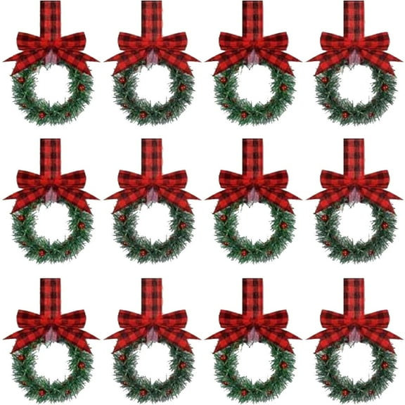 12Pcs Christmas Kitchen Cabinet Wreaths With Ribbon Mini Christmas Wreath Small Kitchen Wreath With Berry And Bows Greenery Wreath For Window Door Wreath Home Decor