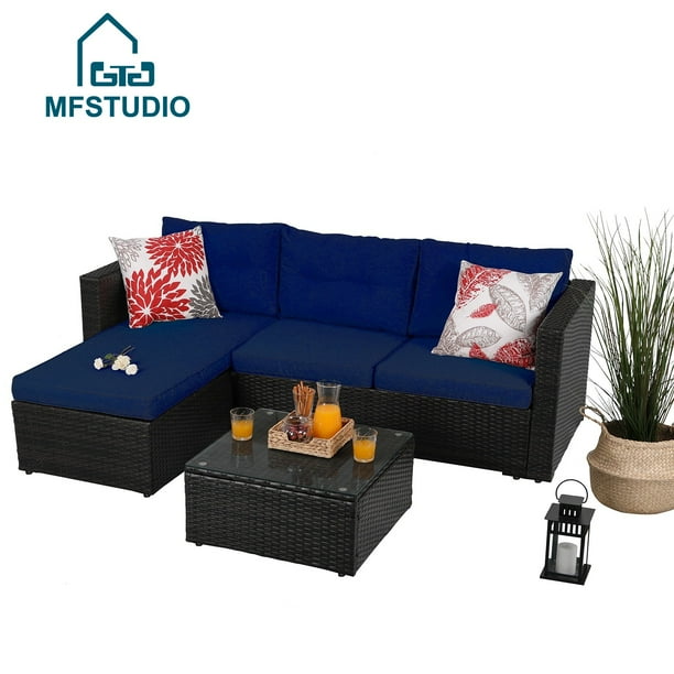 MF Studio Outdoor Rattan Sectional Sofa Wicker Patio Furniture Set (Blue)