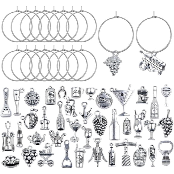 42 Pieces Antique Silver Mixed Wine Glass Bottle Tea Cup Series Charms Markers with 50 Pieces 25 mm Hanging Rings for Tasting Party Decoration Supplies Gifts