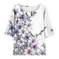 thumbnail image 4 of Atogsazn Womens Linen Cotton 2 Piece Outfits Summer Casual Vintage Floral Print Short Sleeve Tops Wide-Leg Pants Suit Sets Purple M on Clearance, 4 of 6