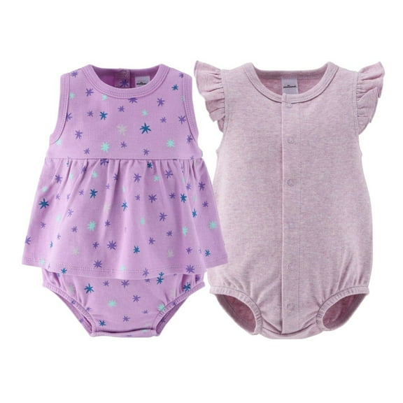 The Peanutshell Baby Rompers Set, Baby Girl Rompers for Newborns, Lilac Stars Design, 2-Pack