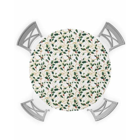 nqOlkjepod Christmas Botanical Round Tablecloth, Fitted Table Cover with Elastic for 55"-60" Round Tables, Green Xmas Leaf Berry Table Cloth Outdoor Indoor Dinning Party Waterproof Tablecloths