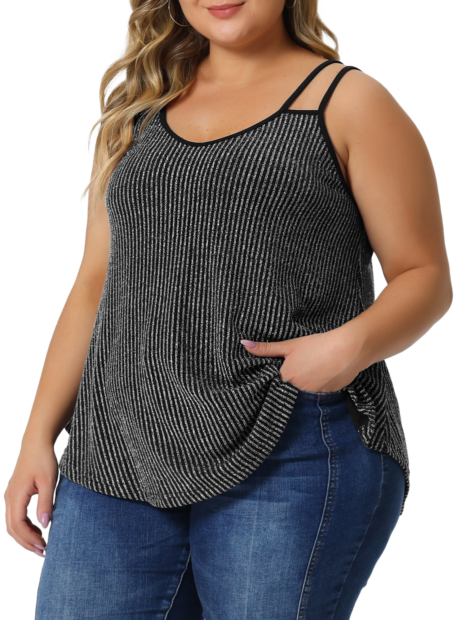 Unique Bargains Women's Plus Size Sparkle Silvery Sleeveless Spaghetti Strap Tank Tops 1X Silver