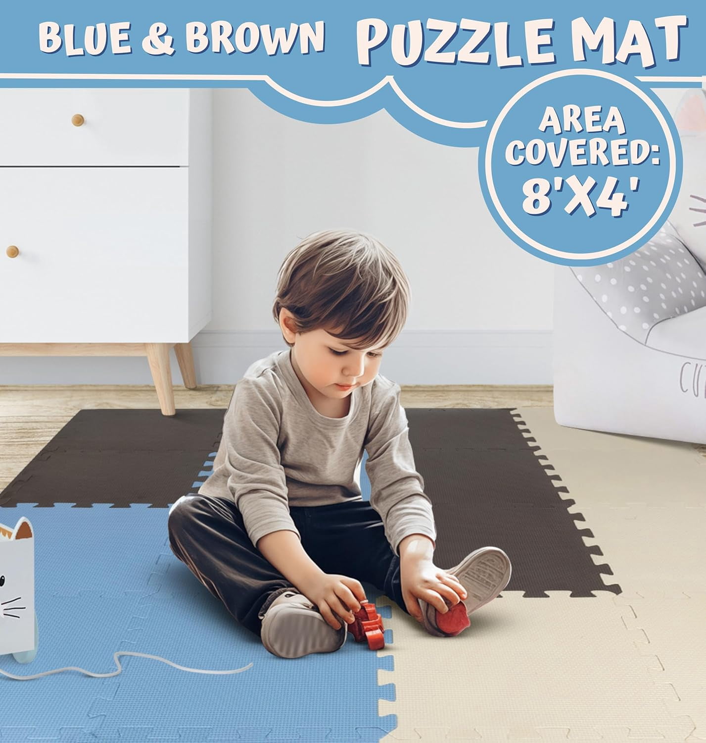ToyVelt Foam Puzzle Floor Mat for Kids – 32 TilesMultiColor Interlocking Play Mat (Blue Brown Beige)