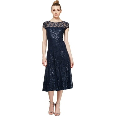 S.L. Fashions Women's Short Sleeve Sequin and Lace Tea Length Mother of The Bride Dress