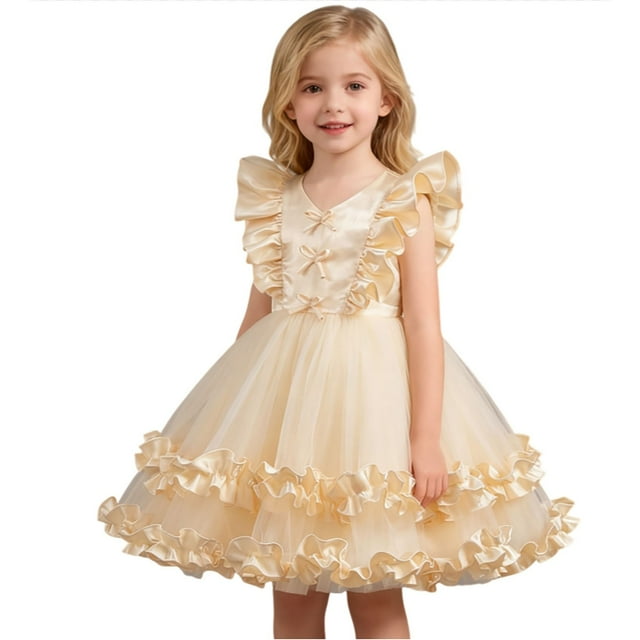 oqasdz Robes pour Filles Élégantes Robe de Fête pour Filles avec Manches Bouffantes et Jupe et Tenue de Performance pour Tout-Petits à Enfants Tenue Formelle