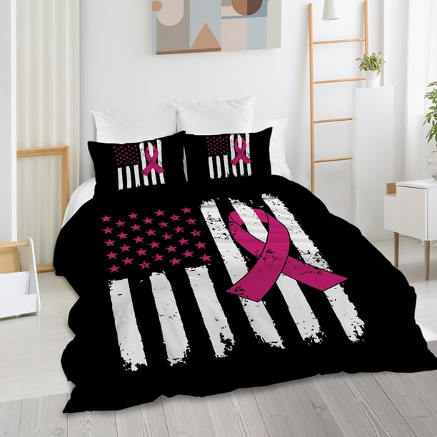 Blessliving American Flag Bedding Sets Pink Ribbon Duvet Covers Set King Size Soft Microfabric Striped Comforter 3 Piece Com Pink Ribbon Duvet Covers Set King Size, American Flag King Size Bedding Set