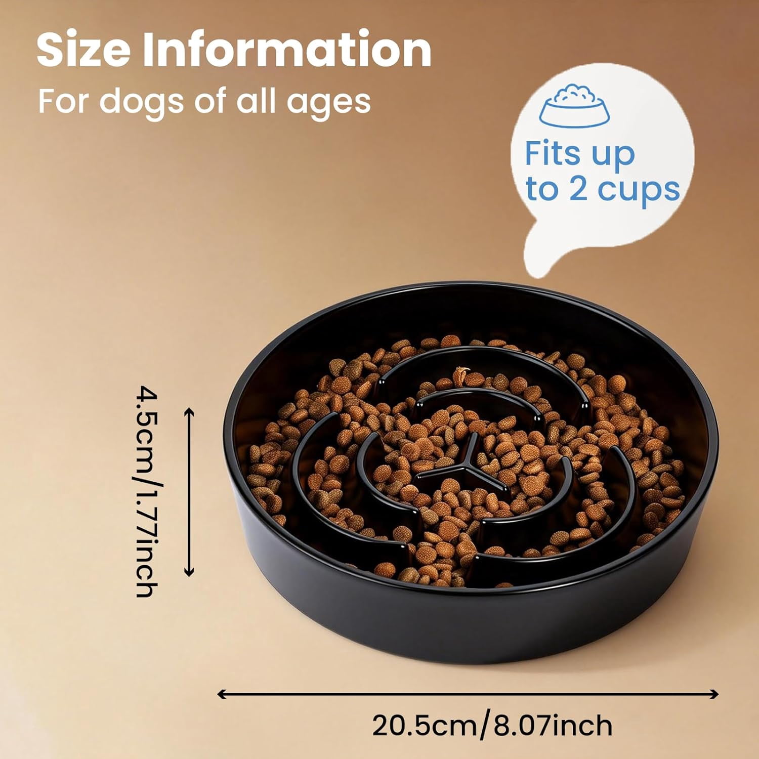 Ceramic Slow Feeder Dog Bowls,2.0 Cups Slow Feeder for Medium Breed,Puzzle Dog Food Bowl to Slow Down Eating, Anti-Gulping, Stop Bloat,Preventing Choking,8in,Black
