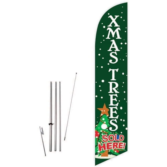 Cobb Promo Xmas Trees Sold Here (Green) Feather Flag with Complete 15ft Pole kit and Ground Spike